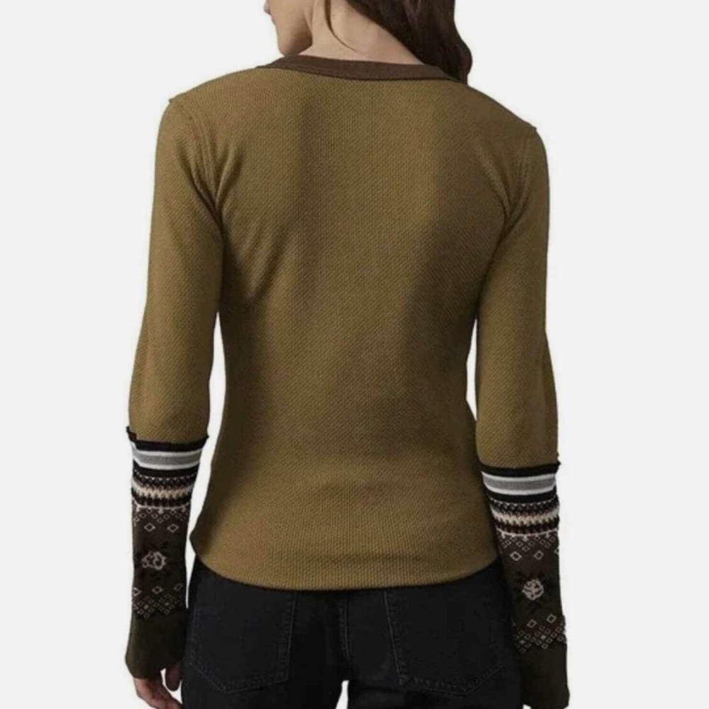 Free People Olive and Brown Patterned Long Sleeve Top - Picture 6 of 12